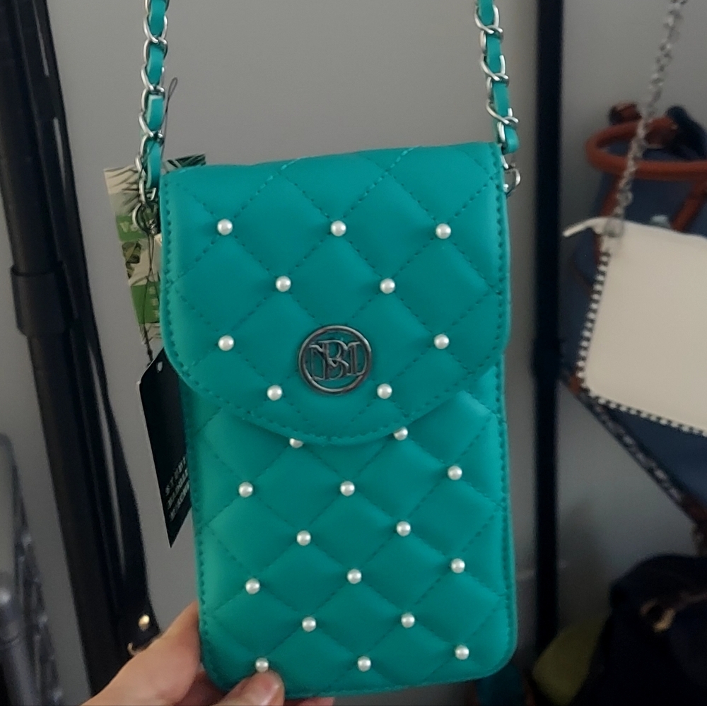 Badgley Mishka Teal Quilted Crossbody Bag with Pearls